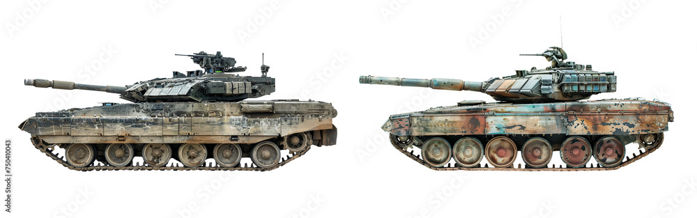 Pair of Camouflaged Military Tanks on White Background, Armored Fighting Vehicle Collection
