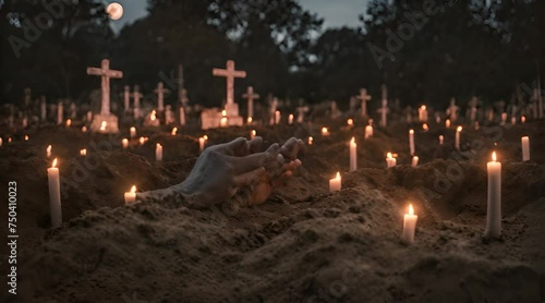 Unearthing the Past, A Skeletal Hand Emerges from the Soil, Bathed in the Soft Glow of Flickering Candles photo
