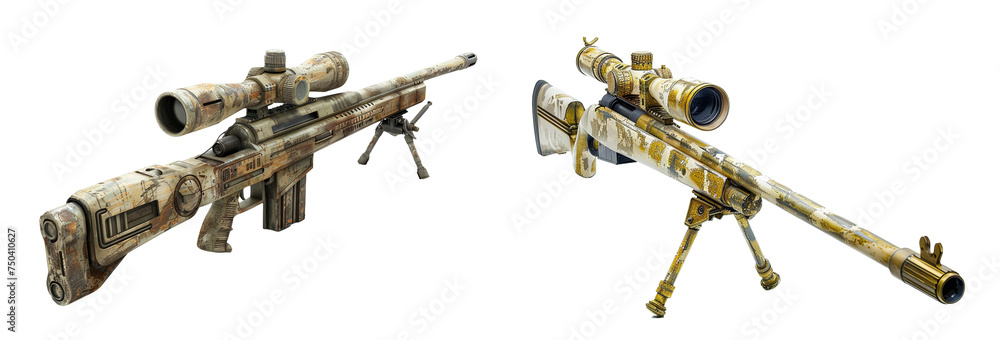 Pair of Camouflaged Sniper Rifles with High Precision Scopes Isolated on White Background - obrazy, fototapety, plakaty 