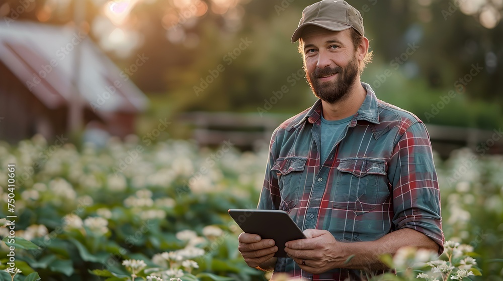 Fototapeta premium Agricultural technology farmer with tablet in Alberta farm field. Concept Agricultural Technology, Farmer, Tablet, Alberta Farm Field, Farming Technology