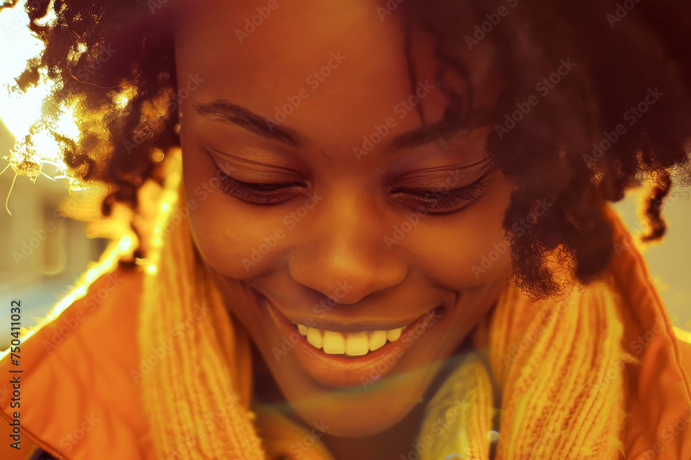 African American woman smiling joyfully and looking at his phone in yellow colors African American woman smiling joyfully and looking at his phone in yellow colors