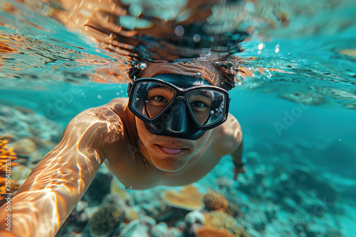 Asian man in a mask swims on a coral reef