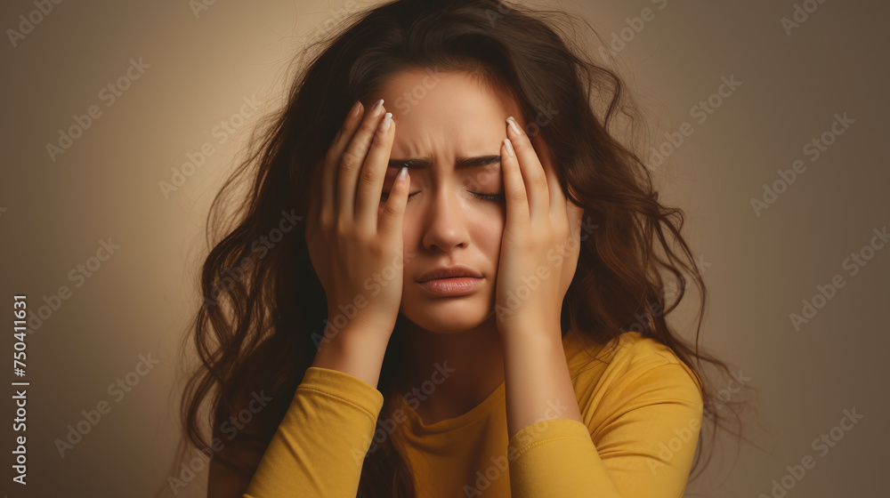 Depressed, tired and frustrated young woman suffering from headache, migraine Depressed, tired and frustrated young woman suffering from headache, migraine
