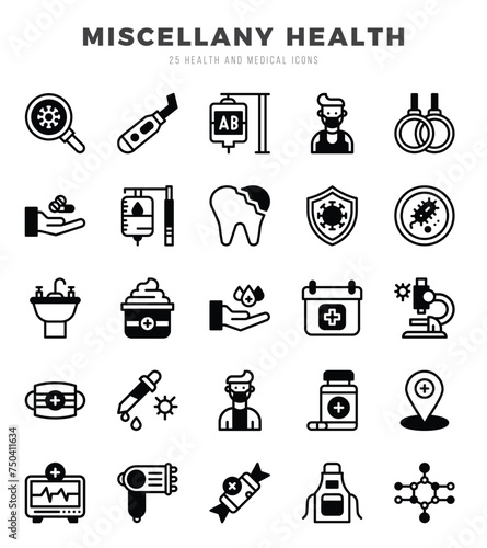 MISCELLANY HEALTH Icons bundle. Lineal Fill style Icons. Vector illustration.