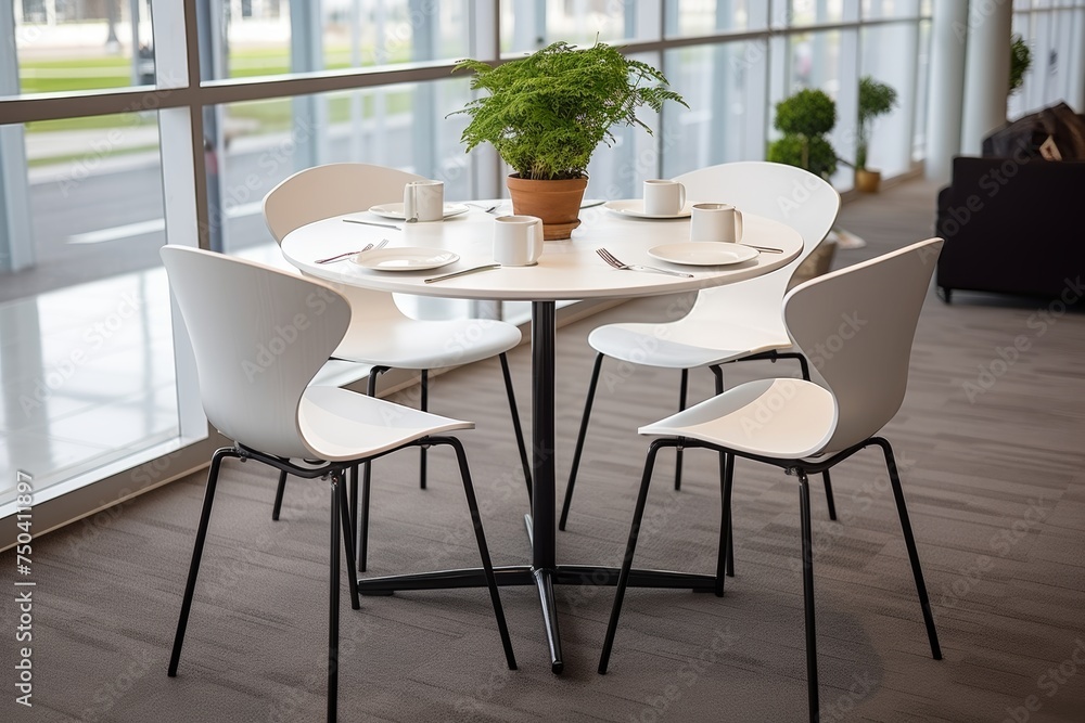 Empty round table for business conventions, presentations, and meeting partners in conference room Empty round table for business conventions, presentations, and meeting partners in conference room