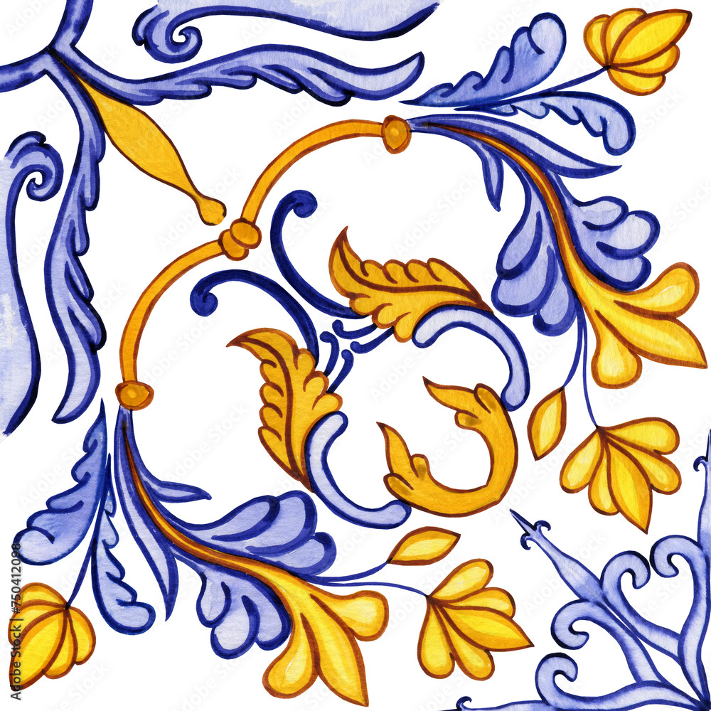 Obraz premium Traditional Azulejo ceramic tiles. Hand drawn watercolor Italian print for fabric and wallpaper. Sicilian majolica in blue and yellow colors. Mediterranean style ornament.