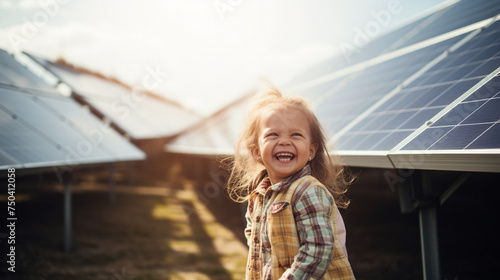 Happy little girl nearby solar panel.