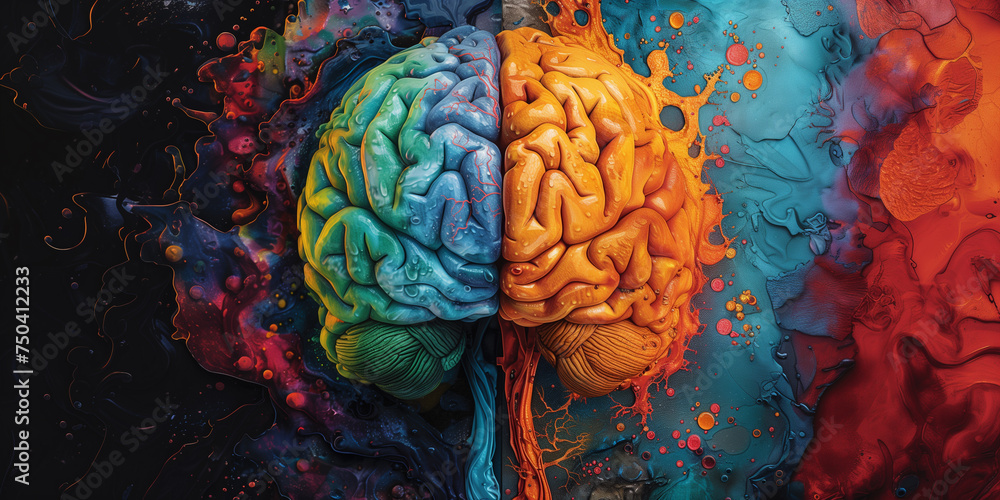 Colorful human brain hemisphere . Left side is cool colors , right side is warm colors . Creative idea concept . - obrazy, fototapety, plakaty 