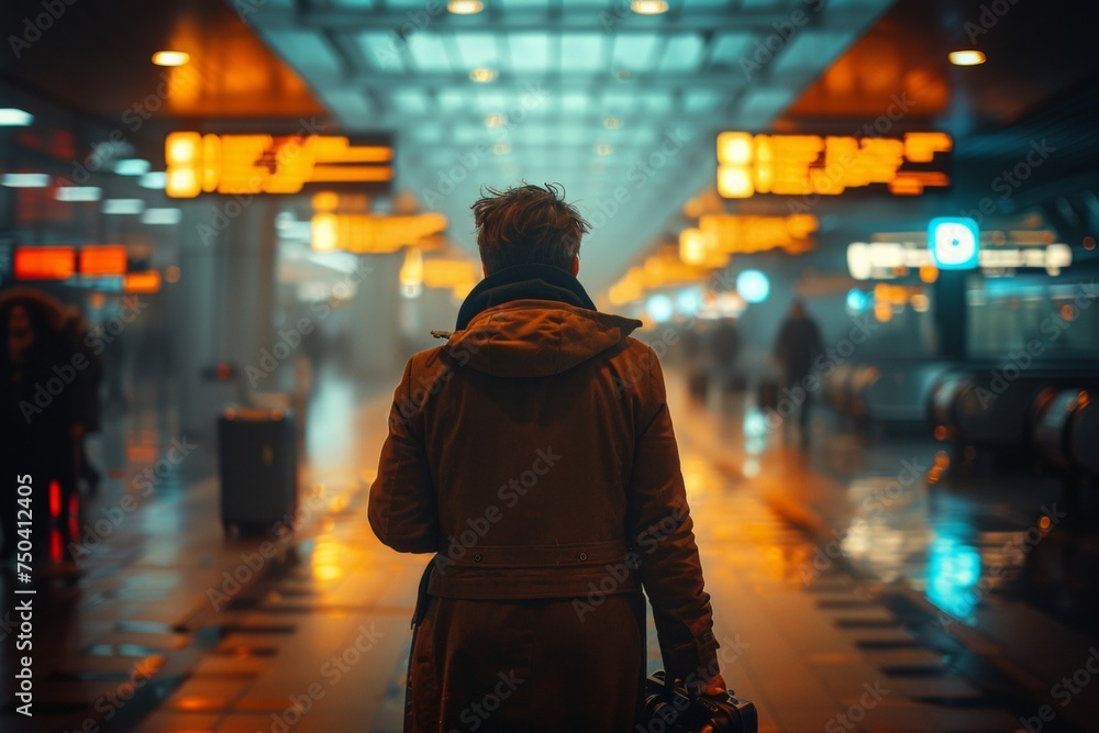 Obraz premium A business traveler navigating a busy airport terminal with a suitcase in hand