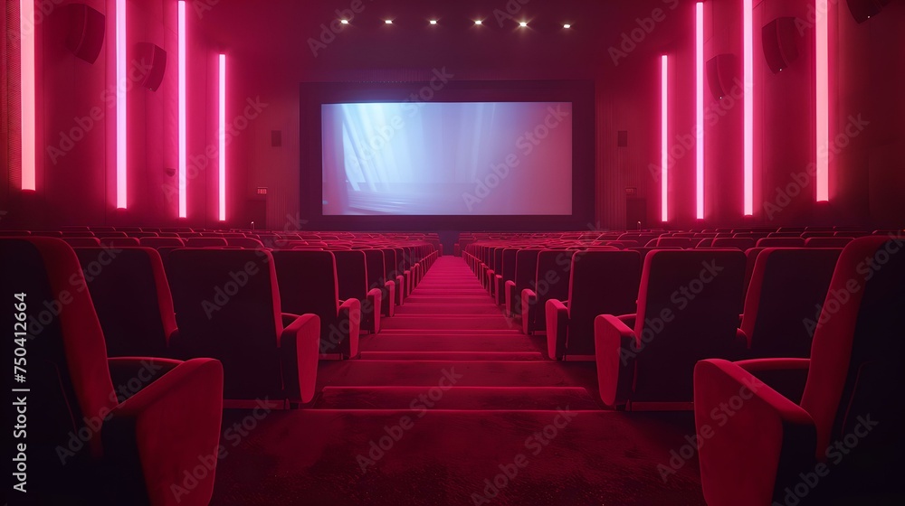 Fototapeta premium Empty movie theater with red seats and neon lights, modern cinema design ready for audience. the essence of cinematic experience. AI