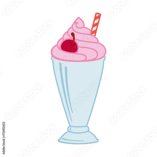 Strawberry milkshake with whipped cream and cherry on top in a retro milk bar dessert glass as a vector illustration