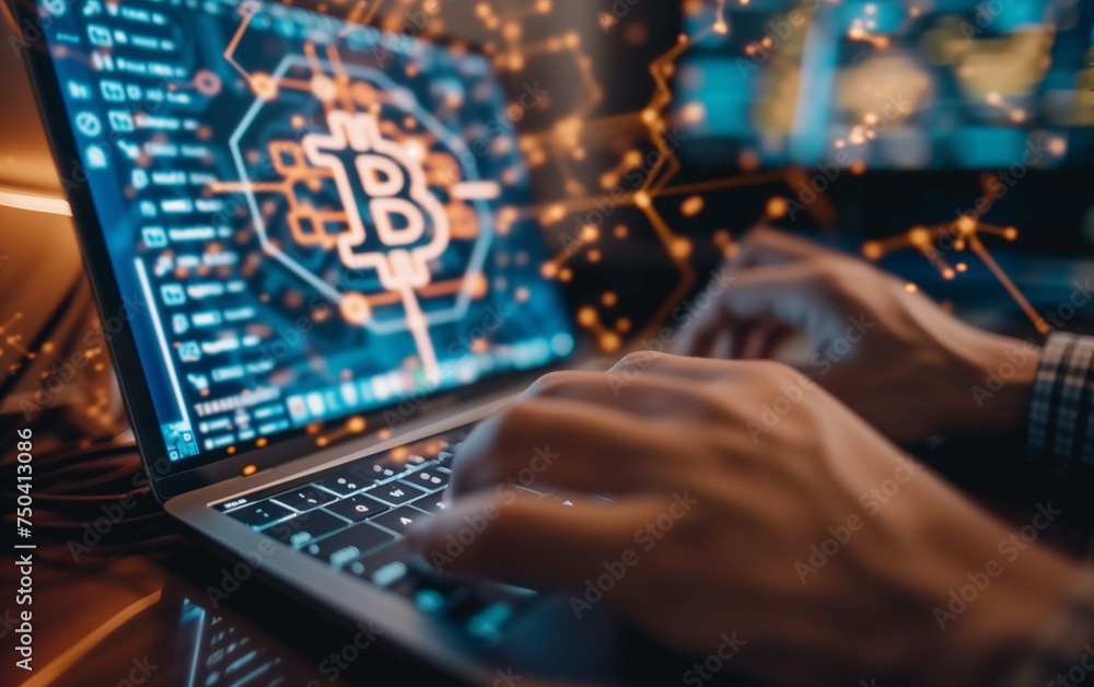person typing on a laptop with bitcoin logo show on monitor person typing on a laptop with bitcoin logo show on monitor