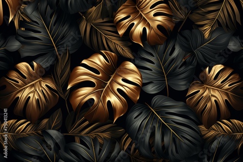 Dark monstera palm leaves gold black luxury exotic botanical design cosmetics illustration