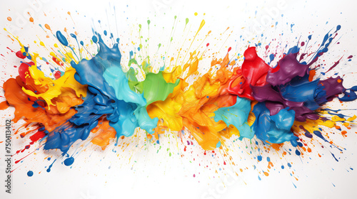 Multicolor paint splatter over a white background.