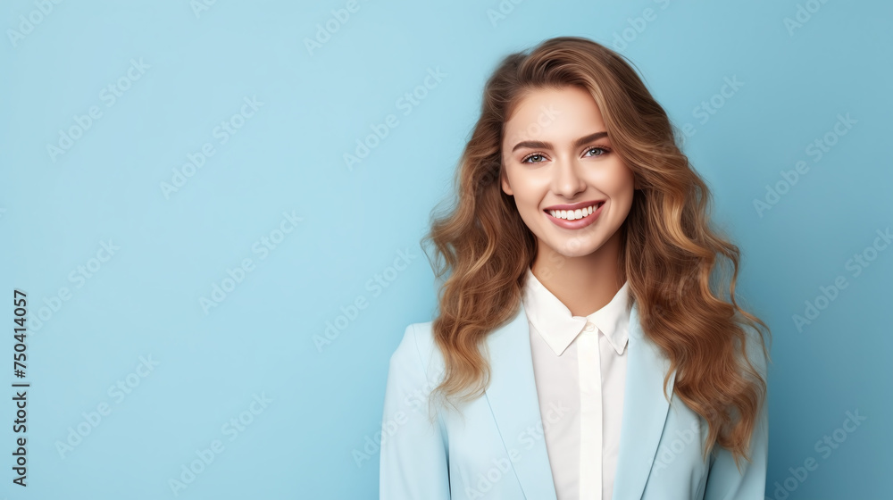 business women posing confidently with smile over a light blue background business women posing confidently with smile over a light blue background