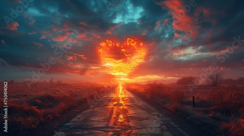 A heart-shaped sky at sunset. A beautiful landscape with a road and clouds. A loving background with copy space.