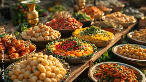 During Ramadan's Iftar meal, a variety of food is shown close-up.