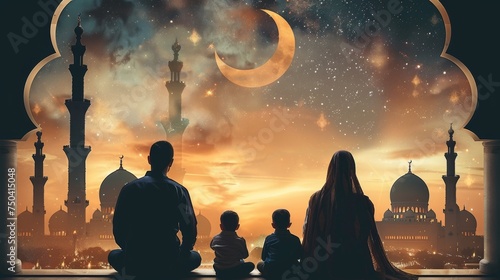An Islamic city with a mosque skyline, crescent moon and stars is seen through a window. Parents and children pray. Mother, father, and kids celebrate the fast's end. photo