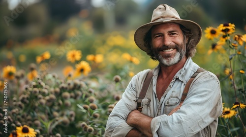 Happy middleaged white farmer on farm field beaming with contentment. Concept Farmer, Fields, Contentment, Agriculture, Rural Life
