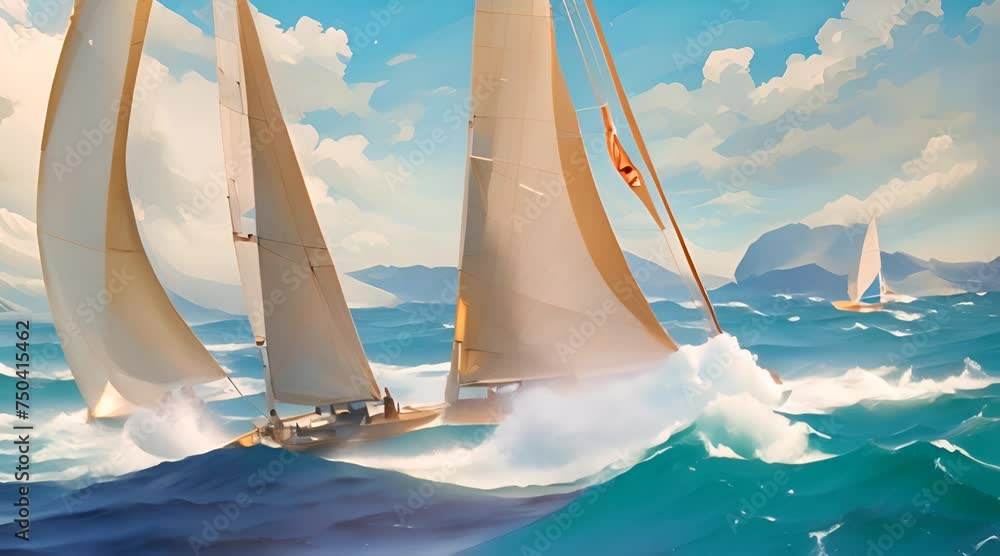 Abstract animation of a high-speed sailing yacht. Sail, sea, captain ...