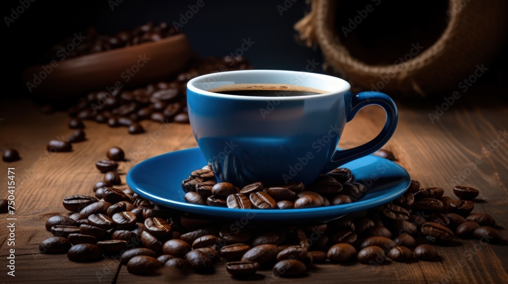 A blue coffee cup full of black coffee on a wood background with coffee beans A blue coffee cup full of black coffee on a wood background with coffee beans