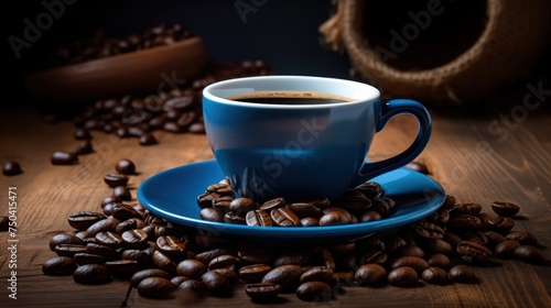 A blue coffee cup full of black coffee on a wood background with coffee beans © crazyass