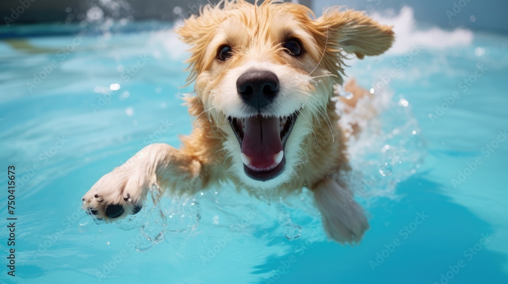 happy dog swimming in a pool or body of water, Close-up, wide angle underwater photography, shot of a dog underwater happy dog swimming in a pool or body of water, Close-up, wide angle underwater photography, shot of a dog underwater