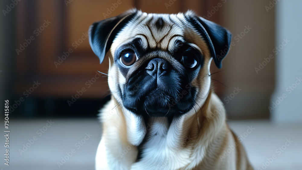The portrait of an adorable dog shows the endless love and boundless happiness that a pug brings to us in our daily lives.