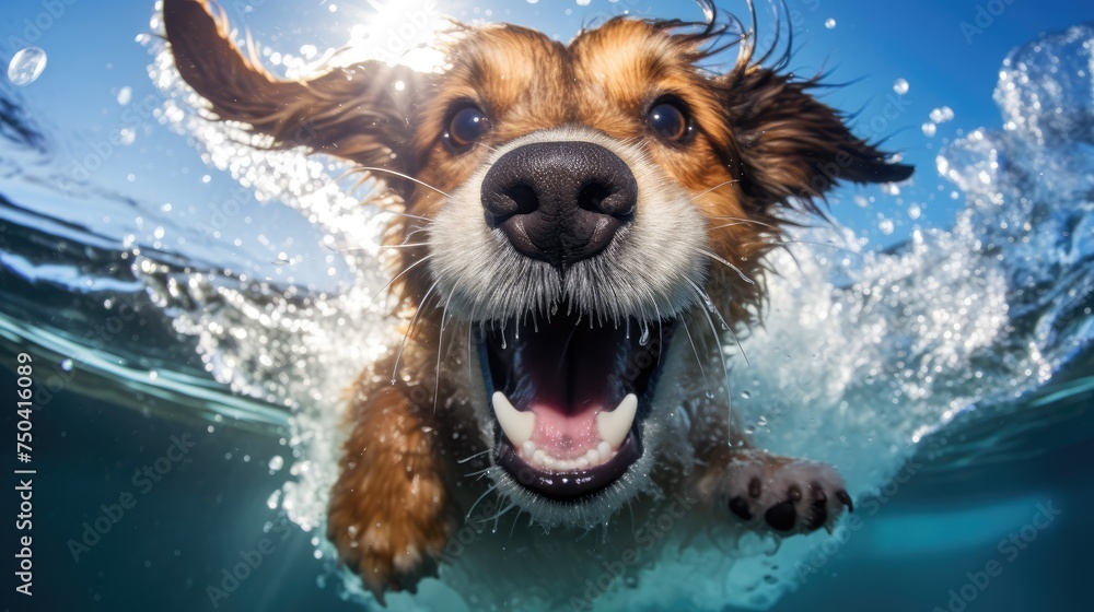 happy dog ​​swimming in a pool or body of water, Close-up, wide angle underwater photography, shot of a dog underwater