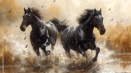 Two black horses run gallop in water. Digital painting illustration.