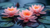 Lotus flower in the pond with water drop on the surface.