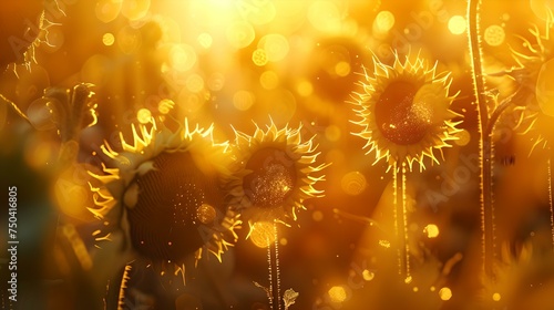 Vibrant sunflowers basking in golden sunset light  radiating natural beauty. dynamic floral image perfect for vibrant designs. captured at dusk. AI