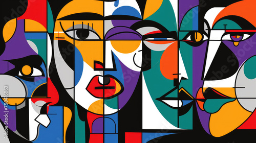Abstract black and white cubist face with bright accents of jade green, red, light blue, yellow and purple, retro colors. Illustration for creative design