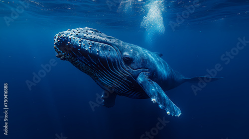 Humpback whale swimming in the blue ocean (Thalassoma novaeangliae)