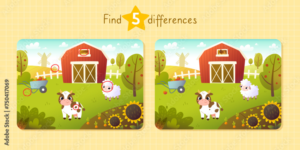 Cartoon mini game for kids with domestic animals on the farm. Find ...