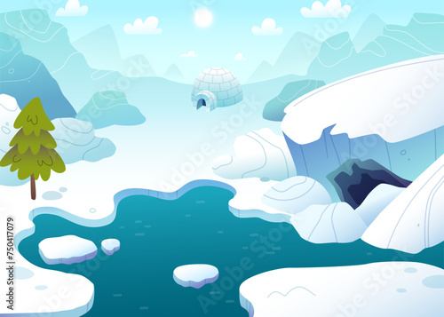 Cartoon arctic landscape. Northern stylized vector background. Polar day empty background.