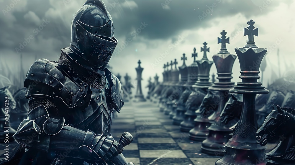 Naklejka premium armored knight on a chessboard - a game of strategy