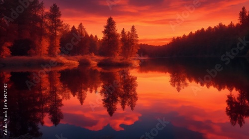 A breathtaking sunset casts a warm glow over a tranquil lake surrounded by trees. The serene landscape is reflected perfectly on the calm waters © Thilina Sandakelum