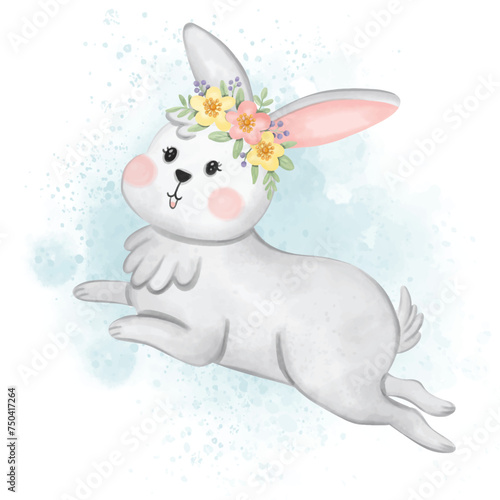 white rabbit jumping with a flower crown Watercolor illustration © orchidart
