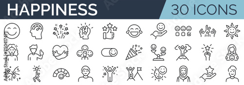 Set of 30 outline icons related to happiness.Linear icon collection. Editable stroke. Vector illustration