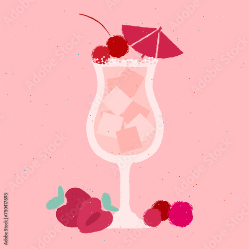 Pink cocktail with berries, cherries, strawberries and umbrella. Pina colada in stemware glass. Healthy smoothie. Alcohol drink for bar. Non-alcoholic beverage. Flat vector illustration with texture