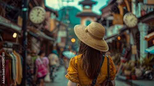 Woman in yellow exploring an old street market, travel and adventure concept with a vintage feel. perfect for lifestyle blogs. AI