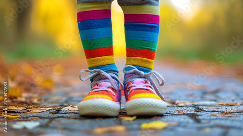 Kid feet wearing colorful rainbow shoes and socks . generative ai  photo