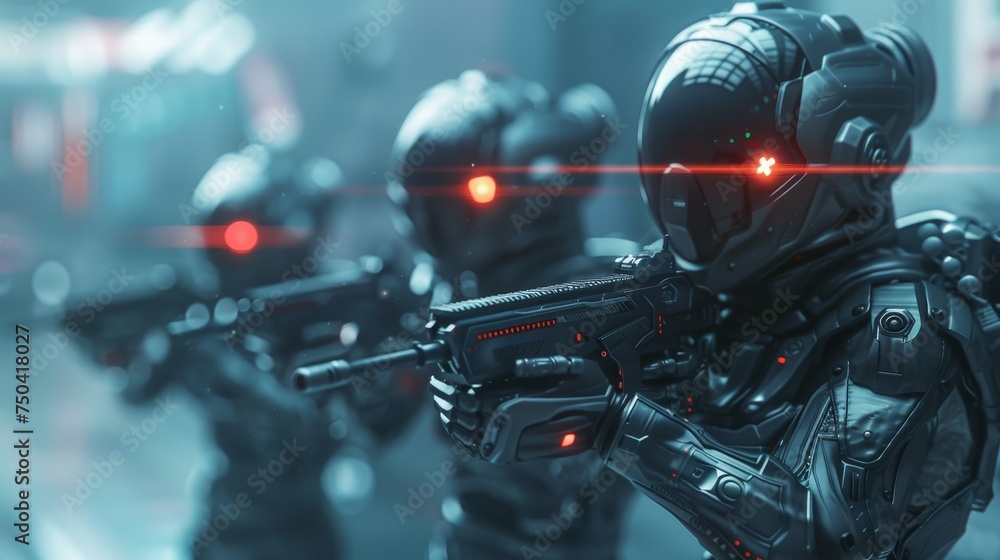 Fototapeta premium Futuristic Soldiers with Sci-Fi Weapon in Hands Ready for the Battle, Space War Concept