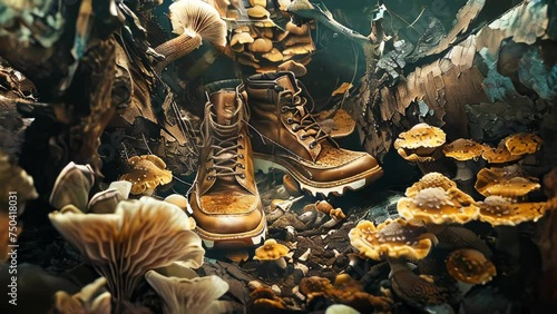Fashion industry conceptual imagery, footwear made of fungi and spores. Faux leather shoes and boots. photo