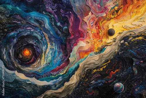 Abstract formations resembling planetary orbits and cosmic trajectories against a backdrop of swirling galaxies photo