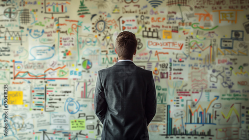 A businessman brainstorming ideas on a whiteboard photo