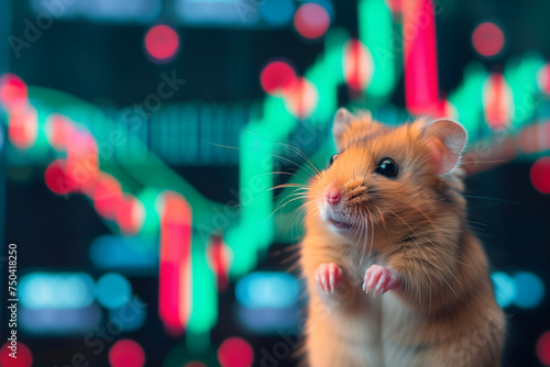 Hamster in front of blurry trading charts, novice in stock exchange and asset market concept. Neural network generated image. Not based on any actual scene or pattern.