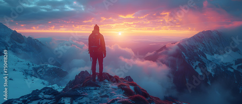 A male backpacker gazing into a valley surrounded by mountains, with clouds covering the mountain tops. This image captures the adventurer taking in the scenic beauty of the mountainous landscape. photo