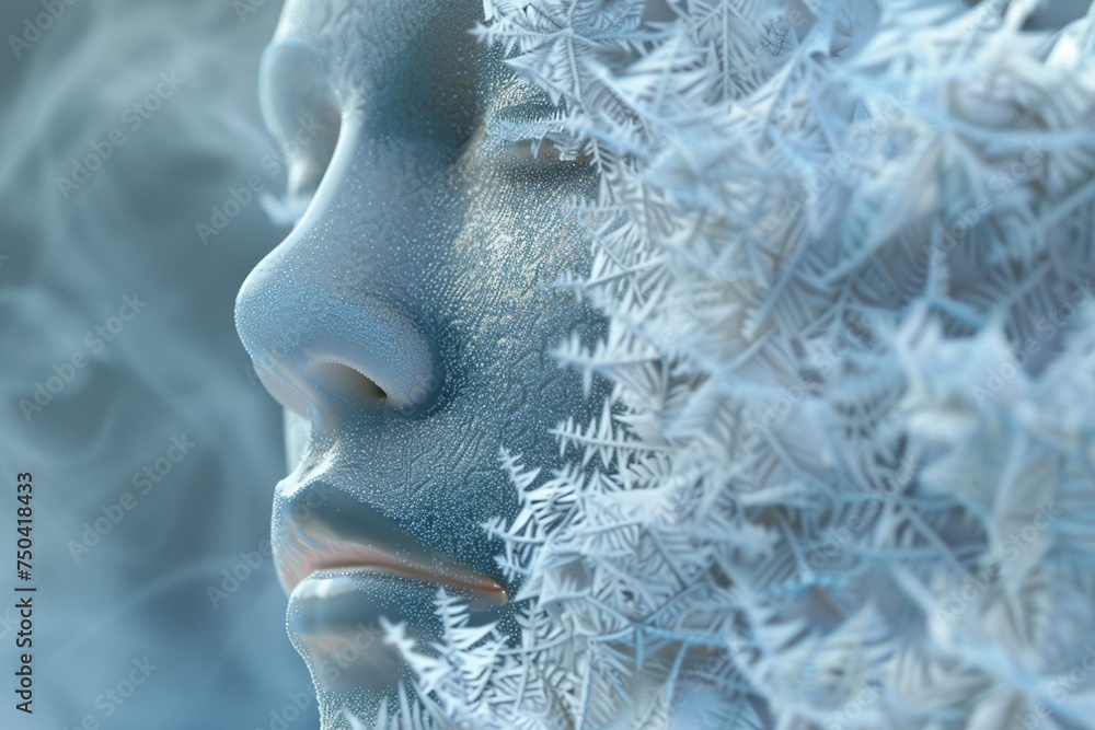 3D render of a closeup of a nose with a whimsical cloud of breath in cold air forming intricate frost patterns